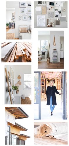 a collage of photos showing the interior and exterior of a house with wood flooring