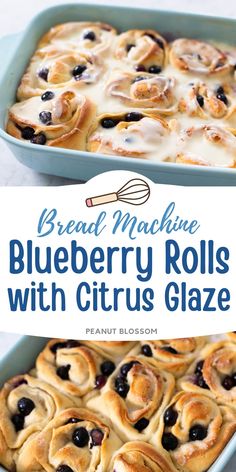 blueberry rolls with citrus glaze in a baking dish