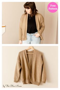 two pictures of a woman wearing a cardigan sweater and jeans, with the text free pattern