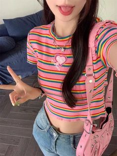 Striped Y2k Tops For Spring, Y2k Striped Tops For Spring, Trendy Rainbow T-shirt For Spring, Fitted Rainbow Casual Top, Trendy Rainbow T-shirt For Summer, Trendy Rainbow Summer T-shirt, Fitted Casual Rainbow Tops, Cute Rainbow Tops For Spring, Cute Rainbow Summer Tops