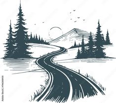 a drawing of a road going through the woods