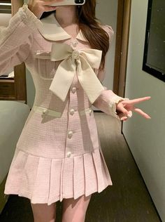 ❤︎Puff Shoulder Tweed Taste French Dress with Cameo Ribbon❤︎ French Dress, Kawaii Fashion Outfits, Pink Outfits, Feminine Outfit, Kpop Fashion Outfits, Really Cute Outfits, Fancy Outfits, Girly Outfits, Casual Style Outfits