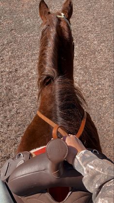 a brown horse standing next to a person on a road with their foot in the air