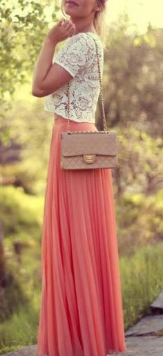 lace cut-off blouse paired with coral maxi skirt. Summer Outfits 2014, Coral Maxi Skirts, Outfits 2014, Skirt Tulle, Spring Maxi Dress, Maxi Skirt Dress, Bohol, Skirt Maxi, Pink Skirt