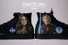 two shoes painted with the characters of star wars are shown in front of each other