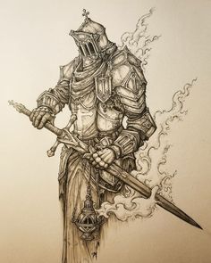 a drawing of a man in armor holding two swords and wearing a helmet with flames coming out of it