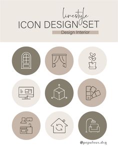 the icon design set includes different types of furniture and home decor, such as chairs, tables