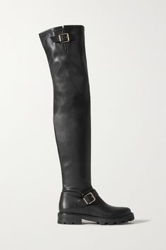 Jimmy Choo's 'Biker II' boots are updated this season in an over-the-knee silhouette. They've been made in Italy from supple leather with buckled straps and showcase the brand's logo hardware at the heels. Flat High Boots, Brown Thigh High Boots, Womens Biker Boots, Jimmy Choo Boots, Leather Over The Knee Boots, Clothes Reference, Leather Thigh High Boots, Star Boots, Knee High Leather Boots