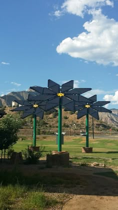 a group of signs sitting on top of a lush green field under a blue sky