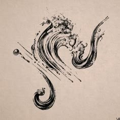 an ink drawing of a wave with bubbles and water splashing on the top right hand corner