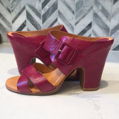 Kork Ease Magenta Pink Rasberry Leather Wrapped Heel Sandals With Buckle. New Without Tags, From Anthropologie. Approximately 4.5” Anthropologie Free People Urban Outfitters Madewell Lucky Brand Jeffrey Campbell Zara J. Crew H & M Modern Boho Vintage Bohemian Purple Block Heels With Stacked Heel, Purple Stacked Heel Heels For Spring, Spring Purple Heels With Stacked Heel, Purple Heels With Stacked Block Heel, Purple Open Heel Heels With Buckle Closure, Casual Purple Leather Heels, Chic Purple Leather Sandals, Purple Leather Open Heel Heels, Purple Open Heel Leather Heels