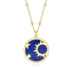 Ross-Simons - Italian Blue Enamel Celestial Necklace in Gold Over Sterling. 18". Your great style? It's written in the stars. Embrace a celestial spirit with our charming necklace from Italy, featuring midnight blue enamel and a trio of symbols inspired by the skies above. Finely crafted in 18kt yellow gold over sterling silver. Satin and polished finishes. Cable chain features petite bead stations and a 2" extender. Lobster clasp, blue enamel celestial necklace. Celestial Blue Round Necklaces, Blue Celestial Round Necklaces, Celestial Blue Necklaces, Blue Sun And Moon Pendant Necklace, Blue Celestial Necklaces With Sun And Moon Design, Celestial Spirit, Italian Blue, Written In The Stars, Celestial Necklace