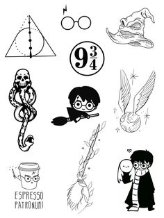 harry potter and hermione's symbols are drawn in black ink on white paper