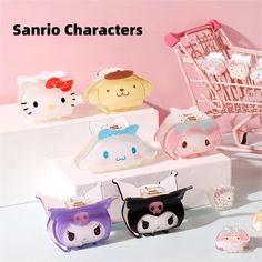 the sanrio characters are on display in front of a shopping cart with hello kitty bags