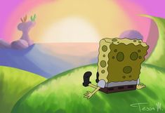 a spongebob sitting on top of a lush green field