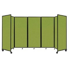 a green room divider with wheels and four panels on each side, in front of a white background