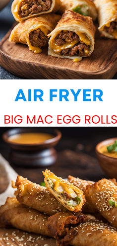 Air Fryer Big Mac Egg Rolls are packed with seasoned ground beef, cheese, and pickles, served with a side of delicious special dipping sauce. Easy Air Fryer Cheeseburger Egg Rolls, Big Mac Egg Rolls Air Fryer, Big Mac Egg Rolls, Egg Rolls Recipe, New Air Fryer Recipes, Seasoned Ground Beef, Peanut Butter Eggs, Airfryer Recipes, Egg Roll Recipes