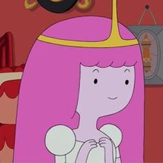 a cartoon girl with pink hair and a crown on her head standing in front of a bed