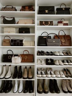 a closet filled with lots of different types of purses