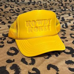 “Howdy Honey” Yellow Trucker Hat. From American Honey Salon. Never Worn/ Brand New Condition. No Tags. Yellow Adjustable Trucker Hat, Trendy Yellow Snapback Hat, Trendy Yellow Trucker Hat With Curved Brim, Trendy Yellow Snapback Trucker Hat, Vintage Yellow Baseball Cap Trucker Hat, Yellow Vintage Trucker Hat, Vintage Yellow Trucker Baseball Cap, Yellow Snapback Trucker Hat For Summer, Yellow Adjustable Trucker Hat With Flat Brim