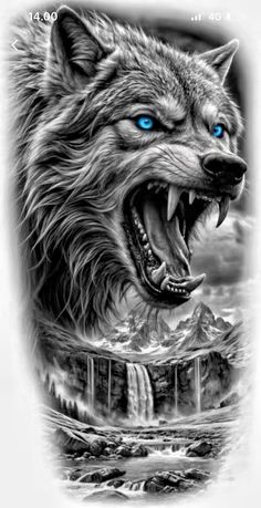 a wolf with blue eyes is shown in this tattoo art design by artist mark stewart