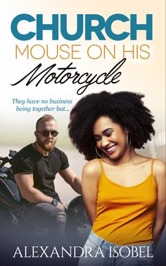 a man and woman standing next to each other in front of a motorcycle with the words, church mouse on his motorcycle