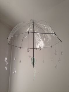 a clear umbrella hanging from the ceiling in a room