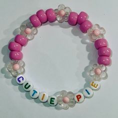 Cutie Pie Bracelet Rave Kandi Bracelets - Handmade and will make custom requests. Personalized Pink Beaded Bracelets For Crafting, Personalized Pink Bracelets For Crafting, Customized Pink Bracelet Wristband, Kandi Bracelets Ideas, Rave Kandi Bracelets, Bracelets Kandi, Rave Kandi, Bracelet Stuff, Kandi Ideas