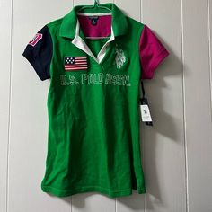 New With Tag Looks Exactly Like The Pictures Sporty Green Polo Shirt With Graphic Print, Green Cotton Crew Neck Polo Shirt, Green Short Sleeve Polo Shirt With Graphic Print, Green Short Sleeve Top With Logo Print, Green Cotton Polo Shirt With Graphic Print, Pink Polo Shirt, Casual Shirt Women, Polo Tees, Us Polo Assn