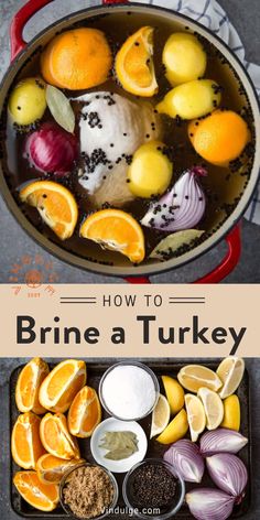 Ingredients for a smoked turkey brine on a pan and in a pot.. Smoked Turkey Brine, Easy Turkey Brine, Turkey Brine Recipe, Citrus Turkey, Turkey Brine Recipes, Turkey Brine, Brine Recipe, Thanksgiving Cooking, Easy Turkey