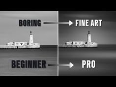 black and white photo of lighthouses with the text boring fine art beginner pro