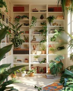 a room filled with lots of green plants and bookshelves full of houseplants