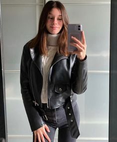 Sleek Leather Cropped Jacket With Long Sleeves, Sleek Fitted Leather Cropped Jacket, Fitted Black Leather Cropped Jacket, Edgy Leather Cropped Jacket, Sleek Single-breasted Leather Jacket With Long Sleeves, Suede Fashion, Moto Jacket, Turtleneck Sweater, Leather Fashion