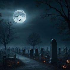 a cemetery at night with the moon in the sky