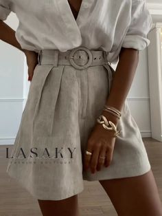 Lasaky - Classic Regular Fit Cotton and Linen Casual Shorts Ensemble with Complementary Belt Shorts With Belt, Stylish Shorts, Comfortable Shorts, Office Wear Women, Beach Attire, Shorts Cotton, Style Comfortable, Linen Casual, Summer Theme