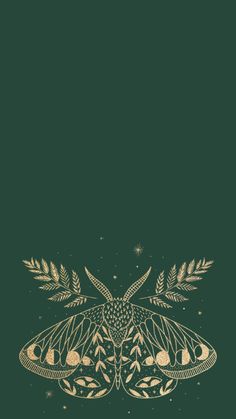 a moth on a green background with gold leaves and stars in the center, as if it