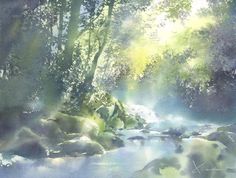 a watercolor painting of a stream in the woods with sunlight coming through the trees