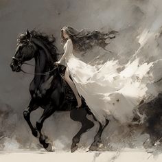 a woman riding on the back of a black horse in front of a cloudy sky