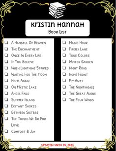 the book list for krisin hannah's book list is shown in black and white