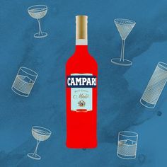 a bottle of campari next to wine glasses on a blue background with white dots