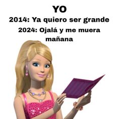 a barbie doll holding a purple box with the words yo written in spanish on it