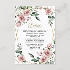 floral wedding details card with pink roses and greenery