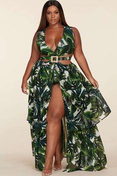 This plus size monokini-inspired maxi dress boasts a surplice neckline, waist cutouts with buckle accents, a lace-up back, and a striking open-front A-line skirt with tiered detailing and a tropical leaf print. Invisible zipper low-back Self & Lining: 100% Polyester Model is wearing size 2XL Tropical Glam, Island Dress, Tropical Print Dress, Tropical Leaf Print, Tropical Dress, Surplice Neckline, Tropical Leaf, Classy Women, Monokini