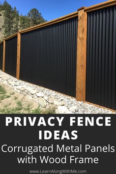 Shows an impressive privacy fence made of black corrugated metal panels in a solid wooden frame.  The fence posts on this privacy fence were big - I think they were 6"x6" posts. 
This is just one of the 19 awesome Privacy Fence Ideas featured in this article. Best Privacy Fence, Privacy Fence Landscaping, Christmas Balcony, Privacy Fence Ideas, Diy Backyard Fence, Apartment Christmas, Ideas For Backyard, Privacy Fence Designs, Apartment Modern