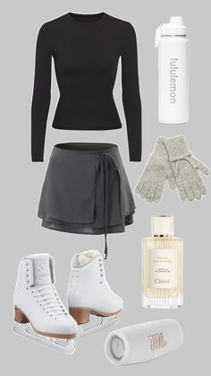 a woman's outfit is shown with shoes, gloves and water bottle