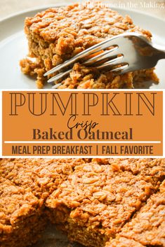 pumpkin crispy baked oatmeal meal on a plate with a fork