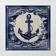 an anchor is in the middle of a blue and white painting