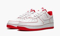 The Nike Air Force 1 Low ‘07 “Contrast Stitch - White/Red” gives a subtle update to the classic “White on White” colorway of the retro basketball and lifestyle silhouette.  One of several colorways in the Air Force 1’s “Contrast Stitch” collection, the “White/Red” is an essential footwear option for any sneaker collection.  White leather appears on the perforated toe, mid-panel, and heel.  University Red contrast stitching outlines each panel on the upper and borders the tonal Swoosh detailing o Adidas Yeezy Women, Adidas Outfit Women, Red Nike, Nike Air Force 1 Low, Stadium Goods, Swag Shoes, Air Force 1 Low, Nike Shoes Women, Girl Shoes