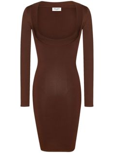 chocolate brown stretch-design knitted construction scoop neck long sleeves unlined bodycon design straight hem thigh-length Brown Long Sleeve Mini Dress For Evening, Brown Long Sleeve Mini Dress For Night Out, Long Sleeve Brown Mini Dress For Night Out, Elegant Brown Mini Length Bodycon Dress, Elegant Brown Mini Bodycon Dress, Brown Bodycon Dress For Night Out, Brown Fitted Mini Dress With Square Neck, Fitted Brown Mini Dress With Square Neck, Brown Stretch Bodycon Dress With Long Sleeves