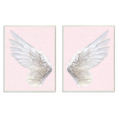 two white birds with wings spread out against a pink background